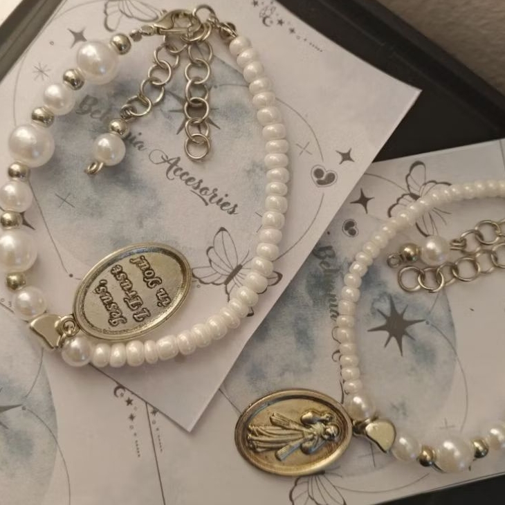 G2 GELANG MUTIARA BANDUL BUNDA MARIA, GELANG MUTIARA SALIB. GELANG AESTHETIC. BRACELET MUTIARA