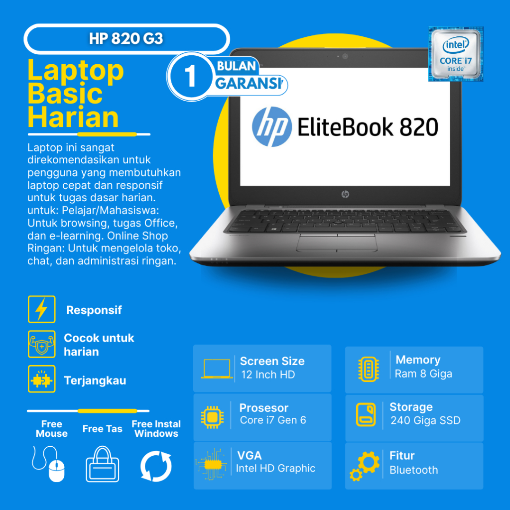 Hp Elitebook 820 G3 i7 Gen6 8GB 240GB SSD Mulus