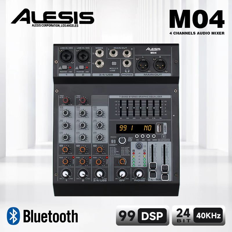 ALESIS Mixer M04 4 saluran audio mixer, 7 band equalizer, 99 efektor DSP, + 48V Illusion Power, mend