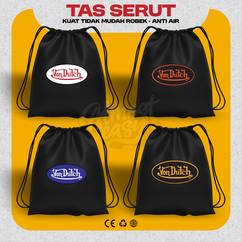 Tas Tali Serut Hitam Motif Von Dutch Noir Bahan Waterproof Premium Tebal | Tas Serut Hitam Distro Ke