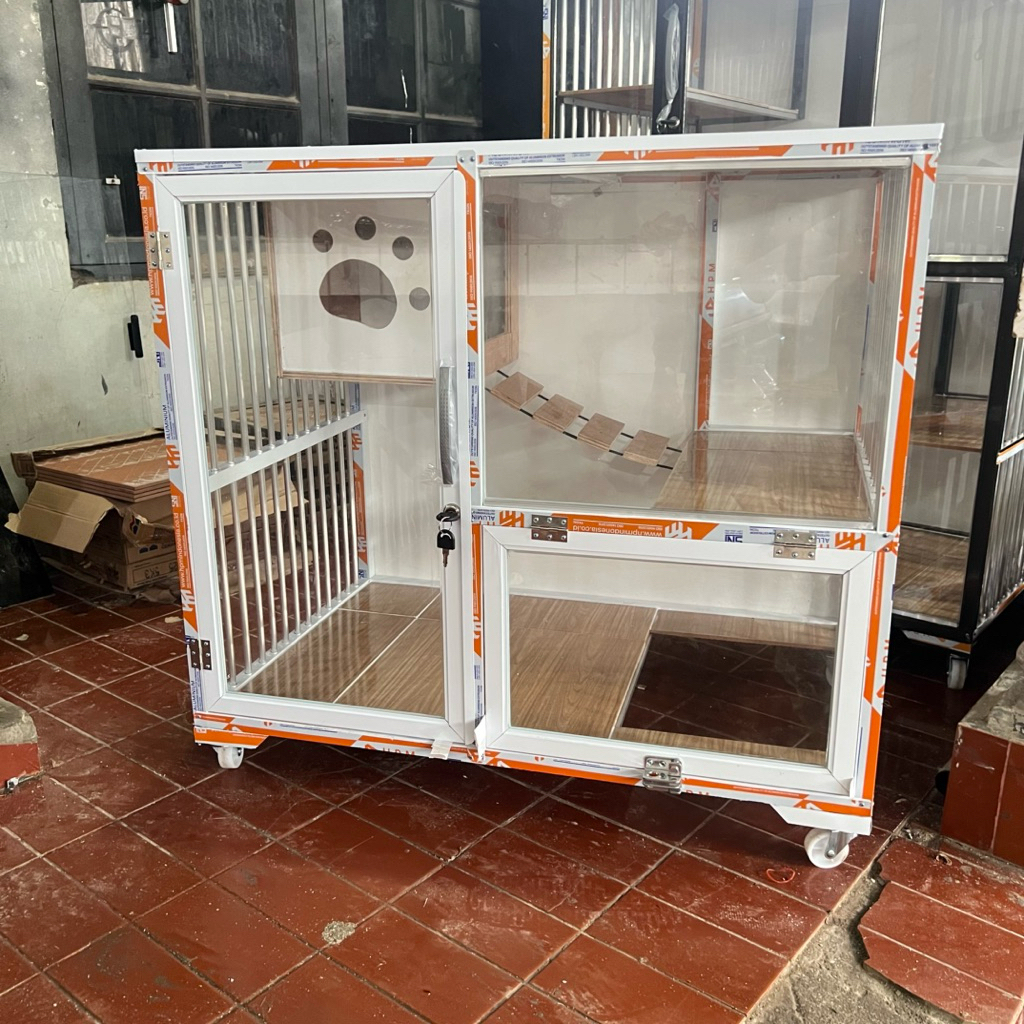 Kandang Kucing Besar Murah Alumunium Full Kaca Kotak Rumah dan Pintu Pup Depan | P90cm x L60cm x T75