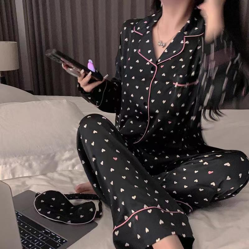 Baju Tidur Piyama Oversize Wanita Stelan Lengan Panjang  Longgar Ice Silk Pakaian Rumah Cute Heart