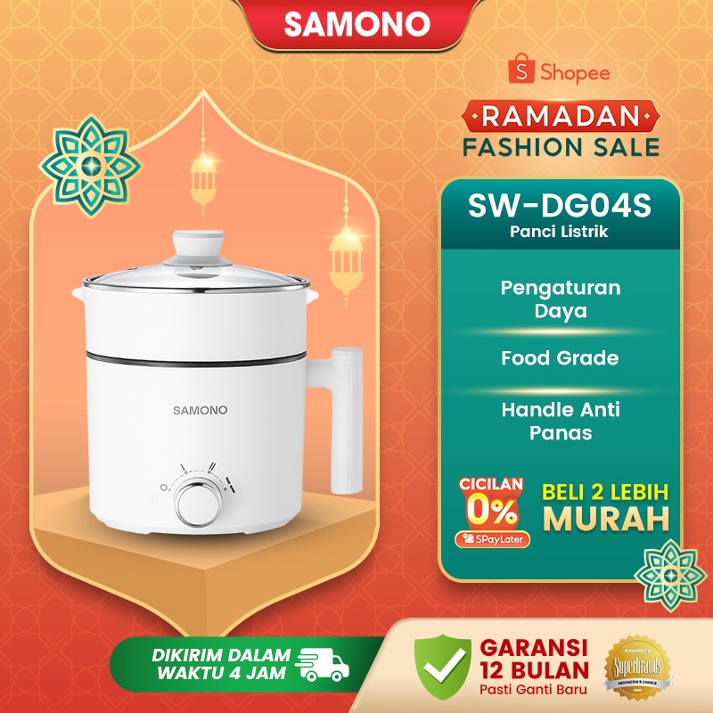 SAMONO Panci Listrik 1.5 Liter Multifungsi 150 Watt Stainless Steamer 3 Mode Daya Dengan Pengukus Tu