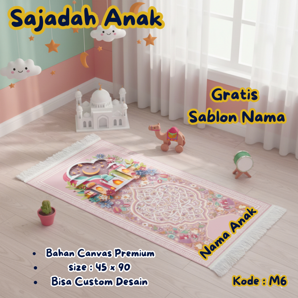 PROMO Sajadah Anak Custom Nama GRATIS Desain Masjid Kubah Floral Unik Lucu - Bahan Canvas Premium - 