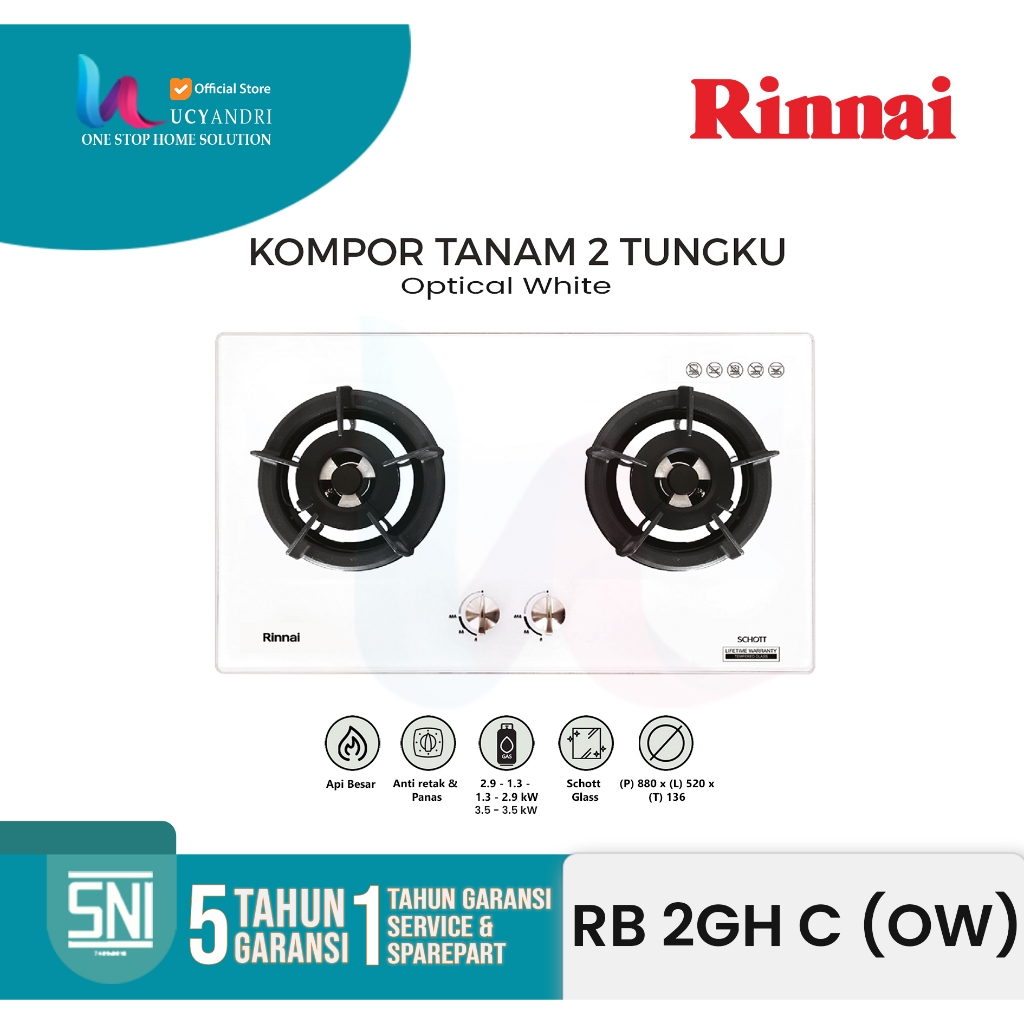 Kompor Gas Tanam Rinnai RB2GHCOW 2 Tungku Original – Kaca Putih Premium