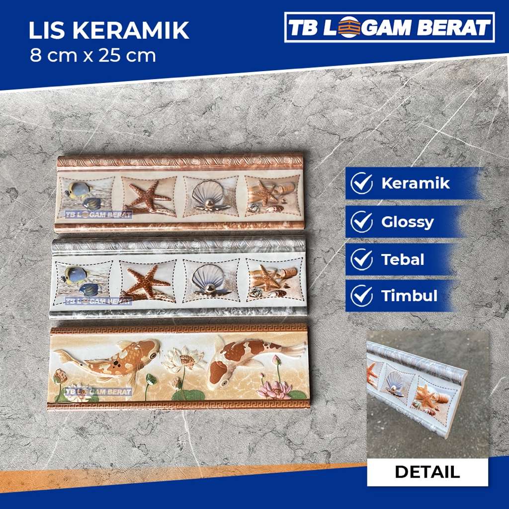 Lis Keramik Dinding Kamar Mandi Dapur Laut 8x25 Timbul Glossy Tebal
