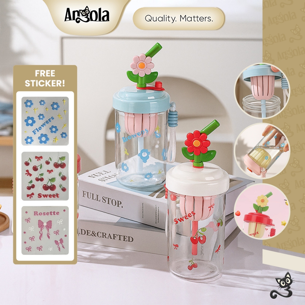 ANGOLA Tumbler Botol Minum Kaca 2IN1 500ml Anti Bocor W02 Botol dengan Sedotan Higienis & Saringan Teh Buah