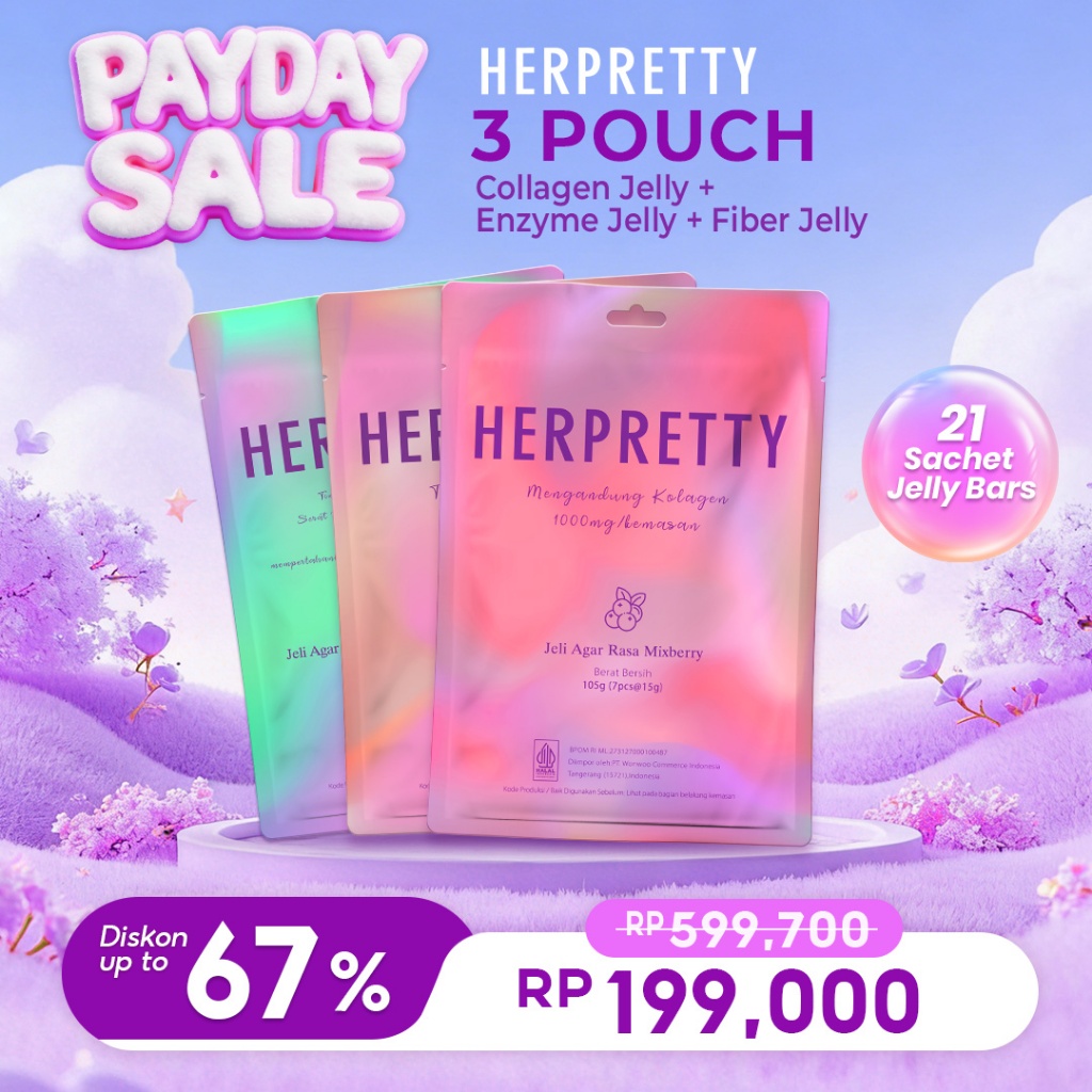 3 Pouch HerPretty Bundle - Collagen Pink White Jelly Mixberry + Enzyme Detox Purify Jelly Matcha + F