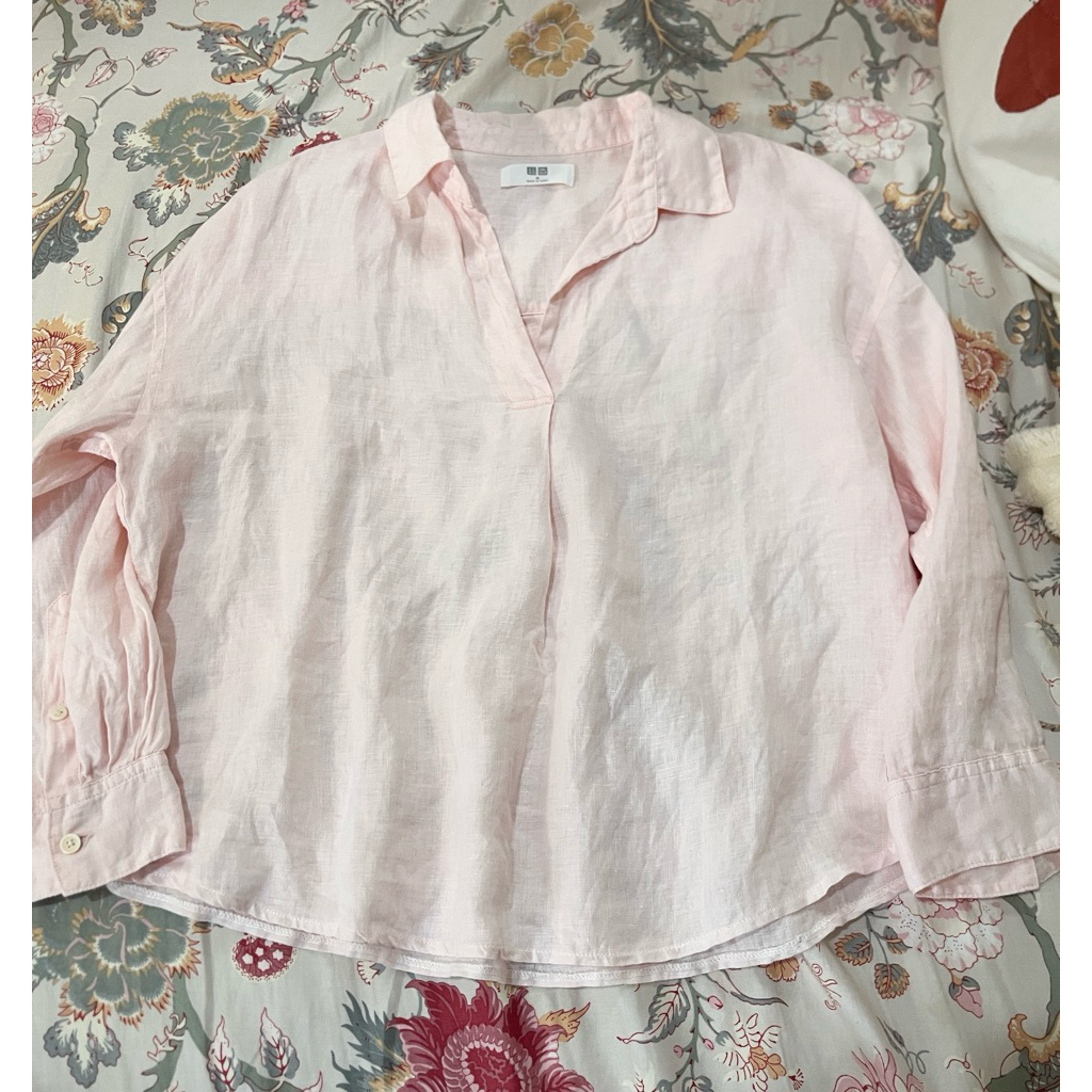 uniqlo linen baby pink kemeja