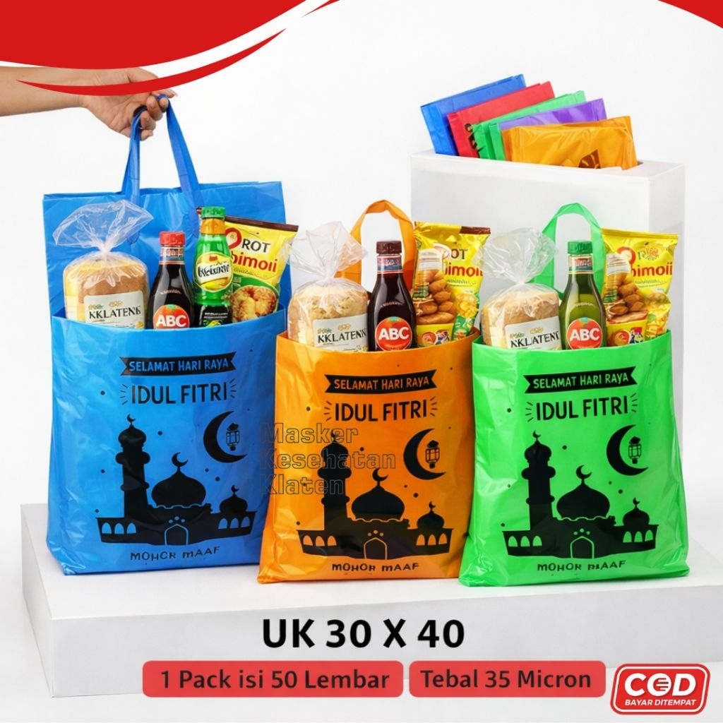 Maskerkesehatanklaten Plastik Lebaran Hantaran Idul Fitri Tas Parcel Warna Warni dan Kuat-Per 50Lemb
