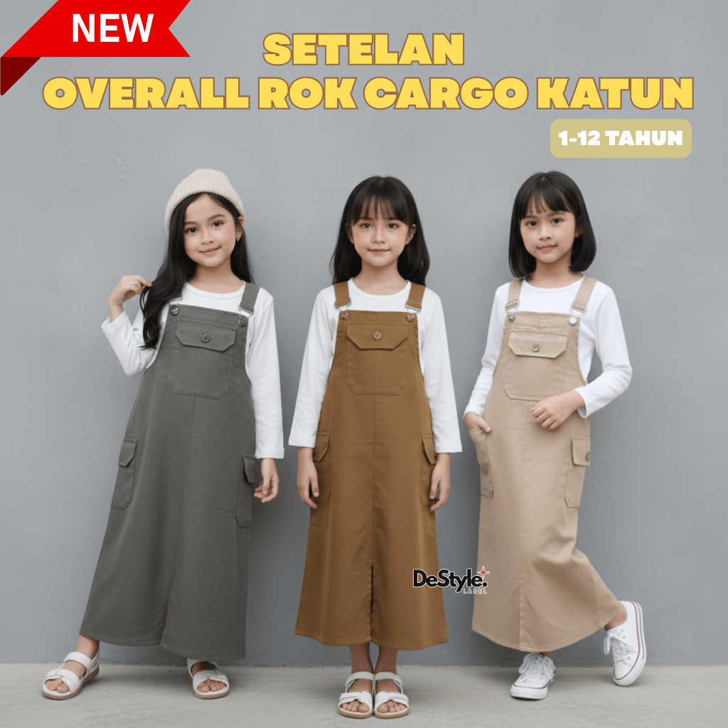 DeStyle SETELAN OVERALL ANAK PEREMPUAN / JUMPSUIT OVERALL ROK CARGO KATUN TWILL ANAK / BAJU KODOK PA