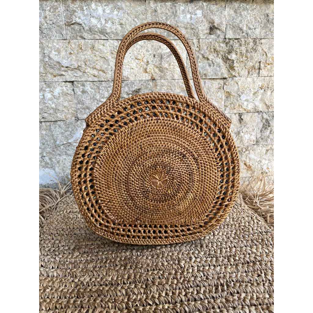 Tas Rotan Bulat Anyaman Etnik Premium - Tas Ate Bali Handmade Aesthetic - Tas Tangan Etnik