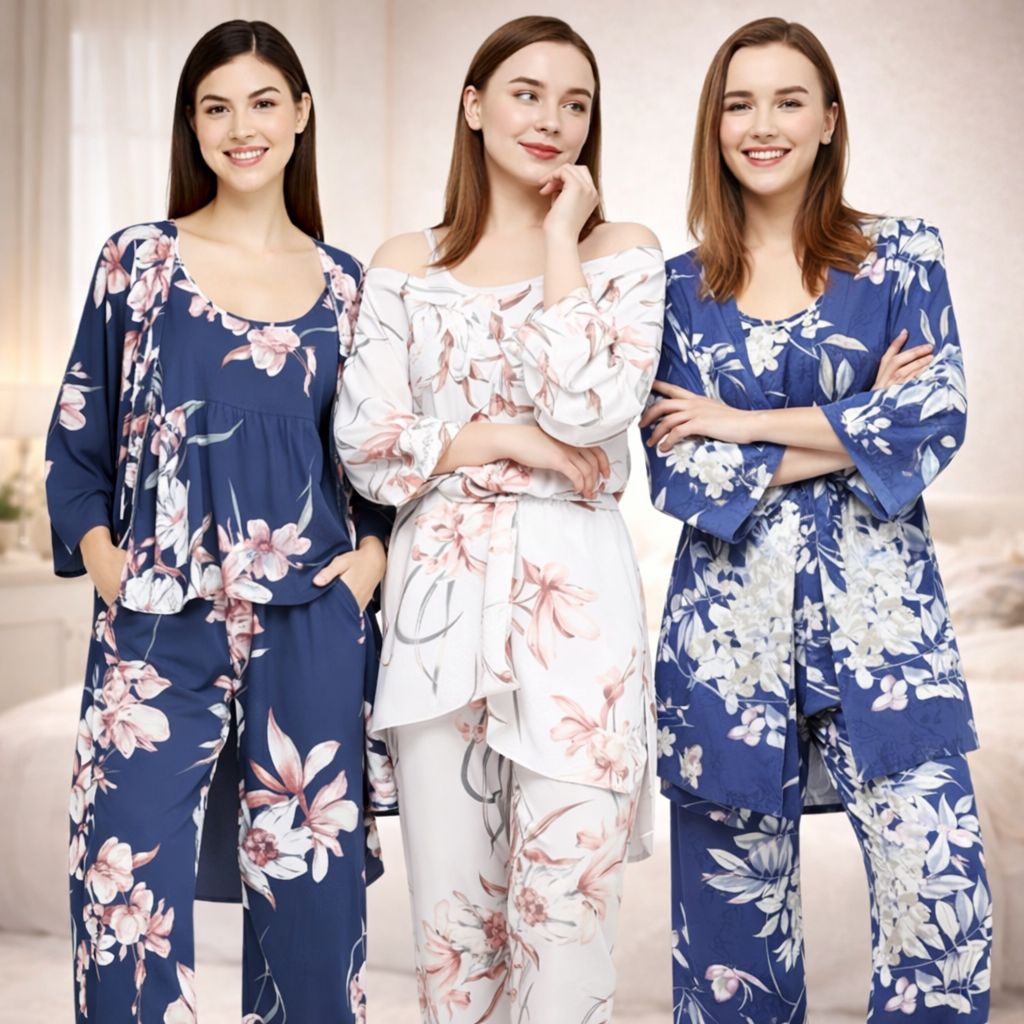 Piyama Wanita Set 3 in 1 Rayon Import Premium Lembut Adem Nyaman - Baju Tidur Wanita