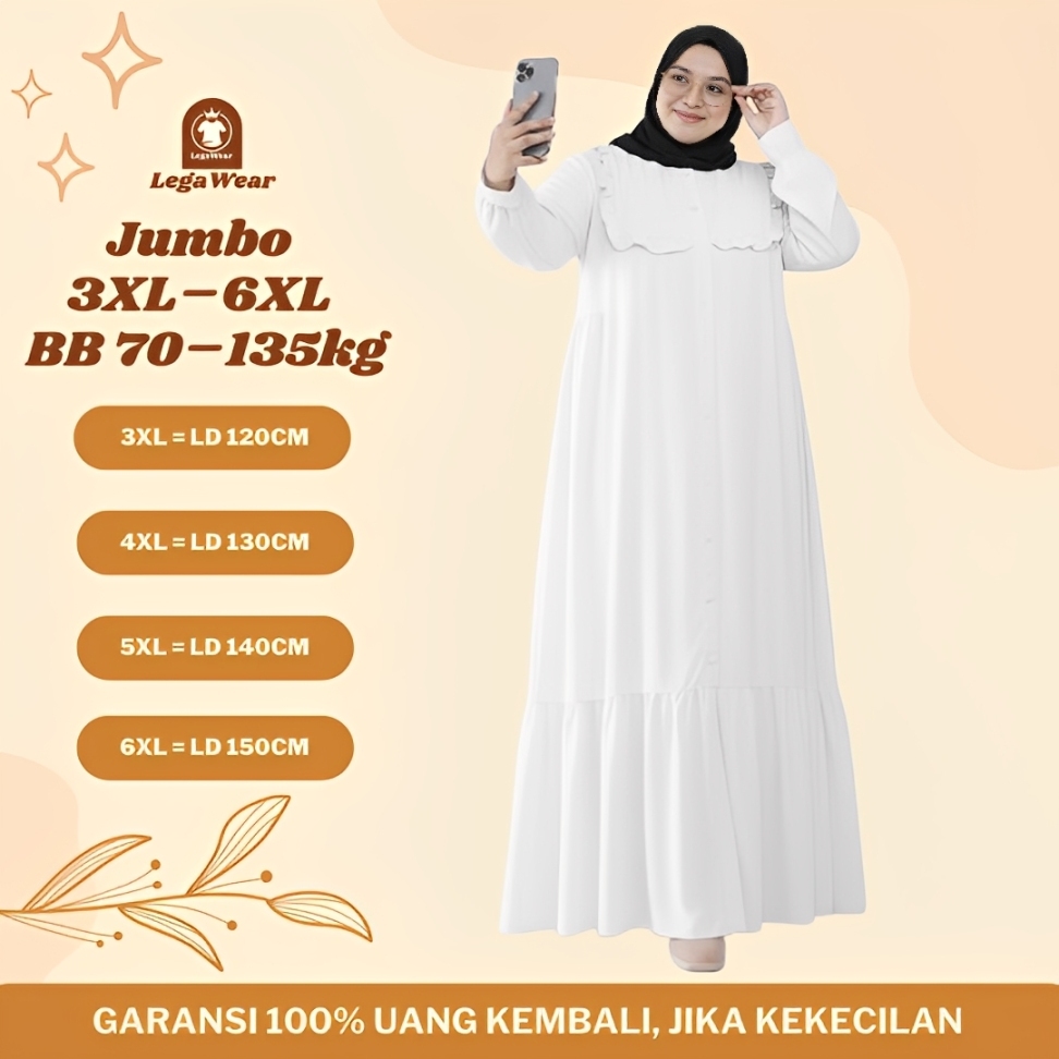 Baju Gamis Wanita Jumbo LD 120 130 140 150 Abaya Putih Baju Lebaran Mewah Elegan 3XL - 6XL