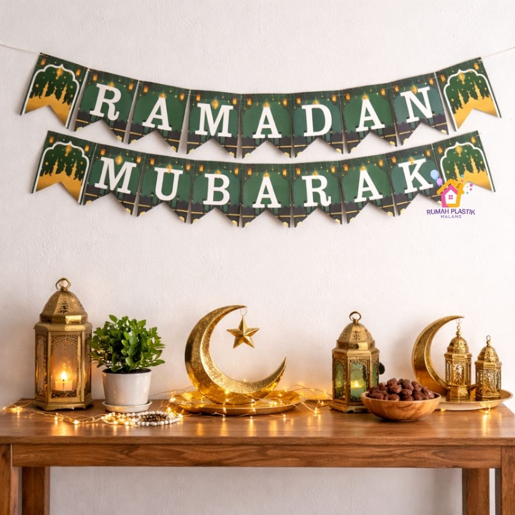 FLAG RAMADAN MUBARAK HIJAU kertas gantung banner ramadhan puasa lebaran eid idul fitri hiasan hias d