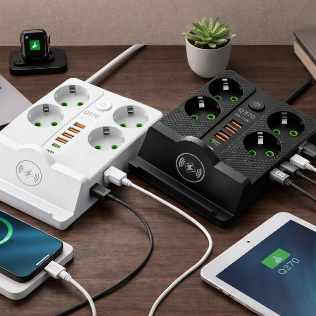 Q370 Stop Kontak Multifungsi Charger 4Port USB 2 Port Type C Fast Charge + Wireless Charging