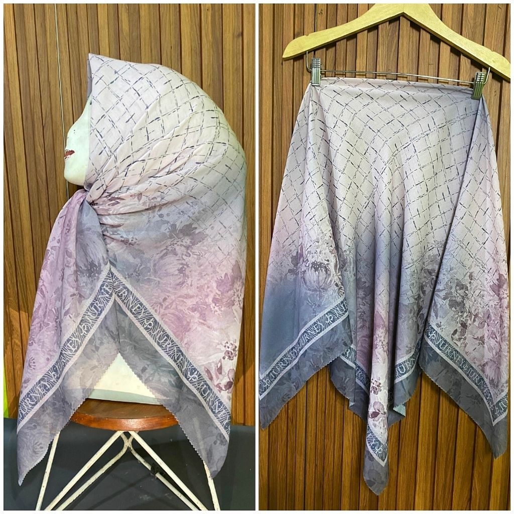 HIJAB SEGI EMPAT VOAL MOTIF SUBLIME BUNGA AMARA PUTIH DUSTY PURPLE
