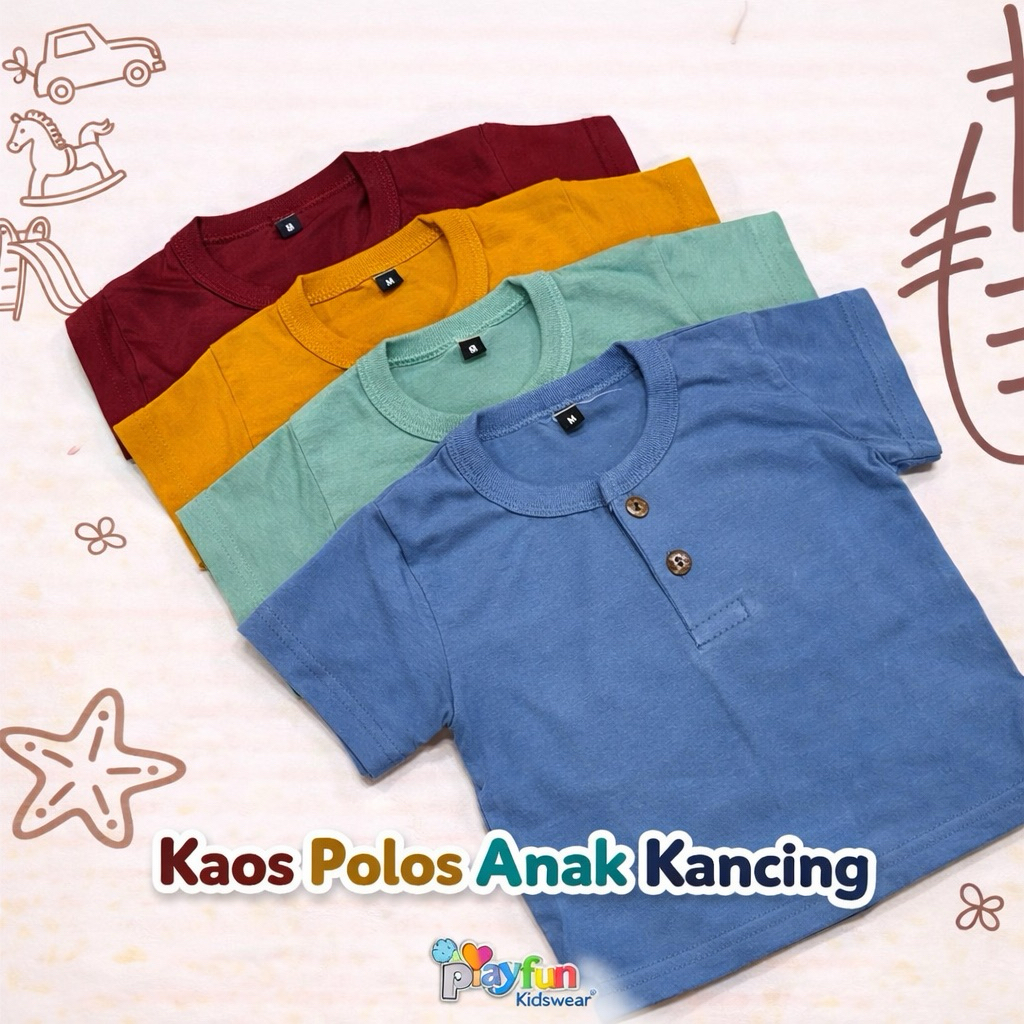 Playfun Kidswear - Kaos Kancing, Basic Tee Tees Saku Kantong baju kaos saku anak polos 1-12 tahun, k