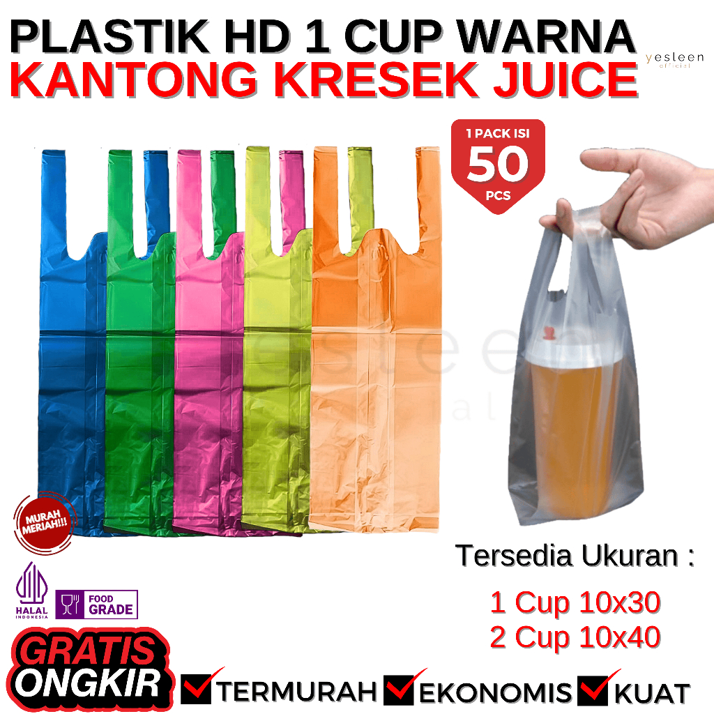 { 50 PCS ] EKONOMIS KANTONG HD KRESEK GELAS WARNA 1 CUP 2 CUP | PLASTIK HD CUP WARNA UKURAN 1 & 2 CU