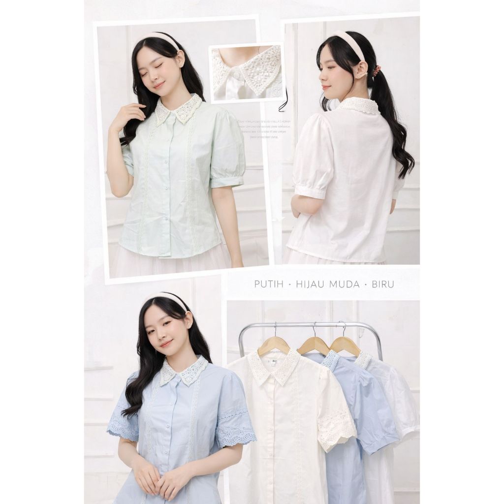 Kemeja Wanita Lace Collar Premium – Blouse Putih/Biru Pastel Elegan Korean Style | Atasan Cewek Keki