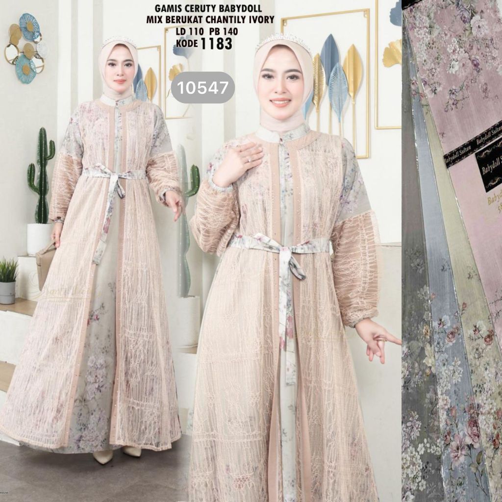 KD 10547 (isi 2) ASYA Gamis Ceruty Babydoll Mix Brukat Chantily Ivory Motif Lebar Mayung Premium Can