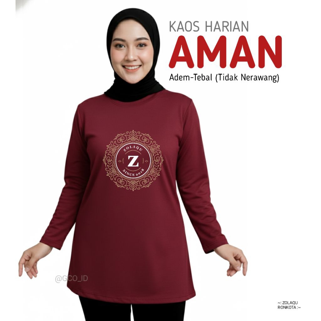 Kaos Harian Zolaqu Original Terbaru 2026 Nyaman Tebal Adem Lengan Panjang Jumbo Motif Merah Maroon