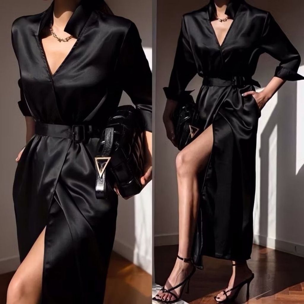 RAQUEL DRESS - Dress Pesta Satin Black Bodycon Midi V Neck Dress Big Size Jumbo Ukuran Besar Plus Si