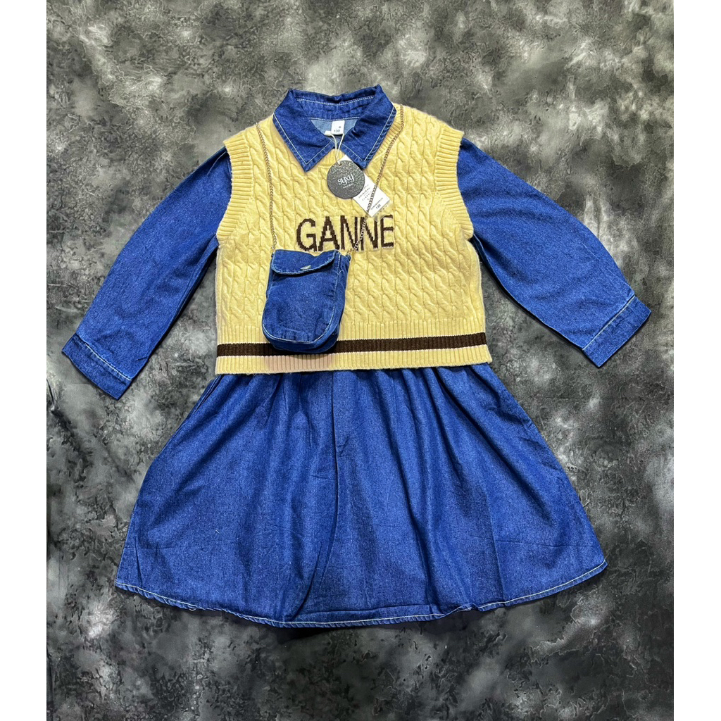 Midi Dress Anak Perempuan Bahan Jeans Kombinasi Rompi Rajut Set Tas Selempang