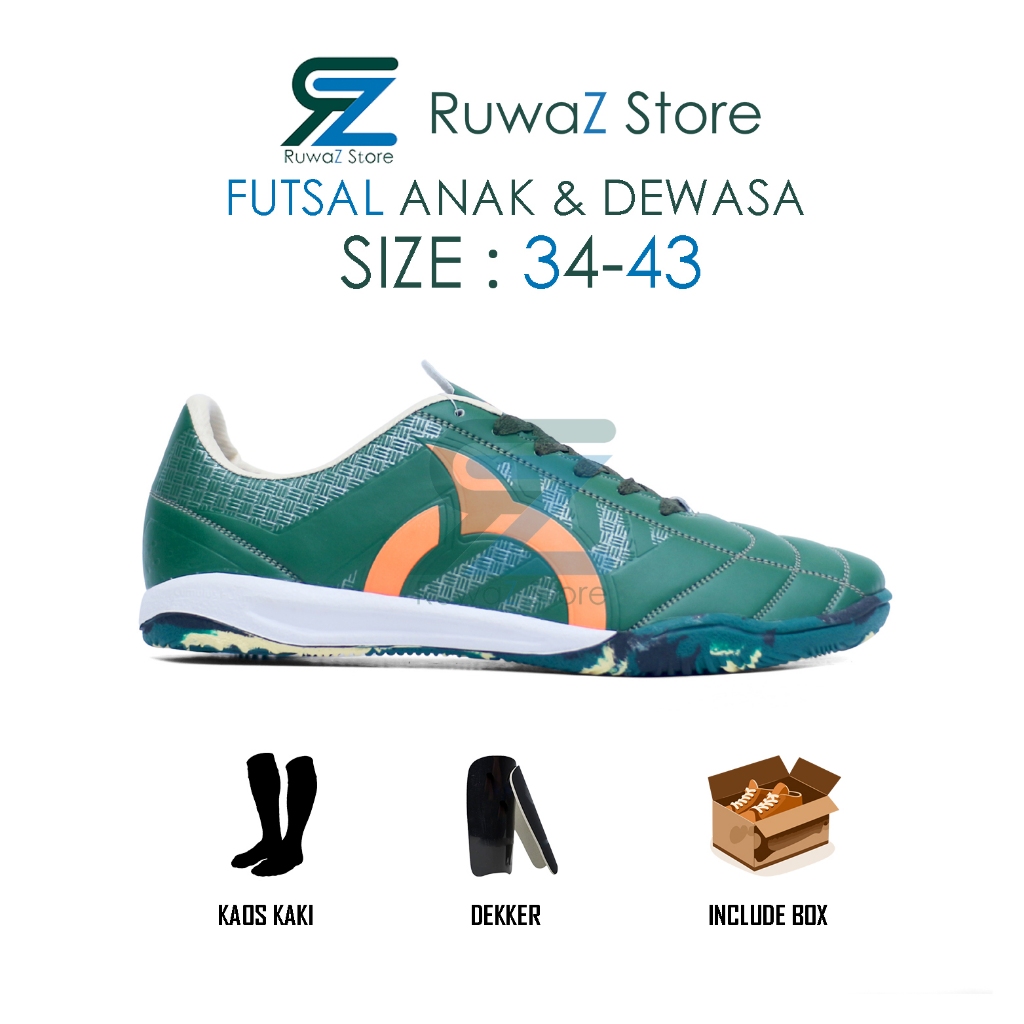 334251 SEPATU FUTSAL ANAK DEWASA ORTUSEIGHT JOGOSALA RAMPAGE V2 HIJAU ARMY ORANGE PREMIUM BERDECIT