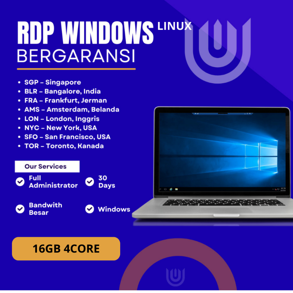 RDP VPS Windows Linux 16GB RAM 4CORE 200GB Storage Standar | Full Root Access | Garansi