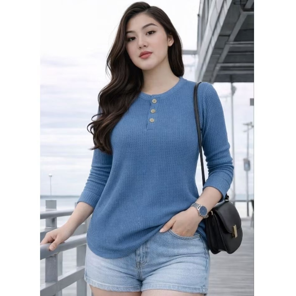 Blouse  knit Waffle polos wanita Lengan panjang / Kaos Polos Wanita Bahan Waffle /Atasan wanita kanc
