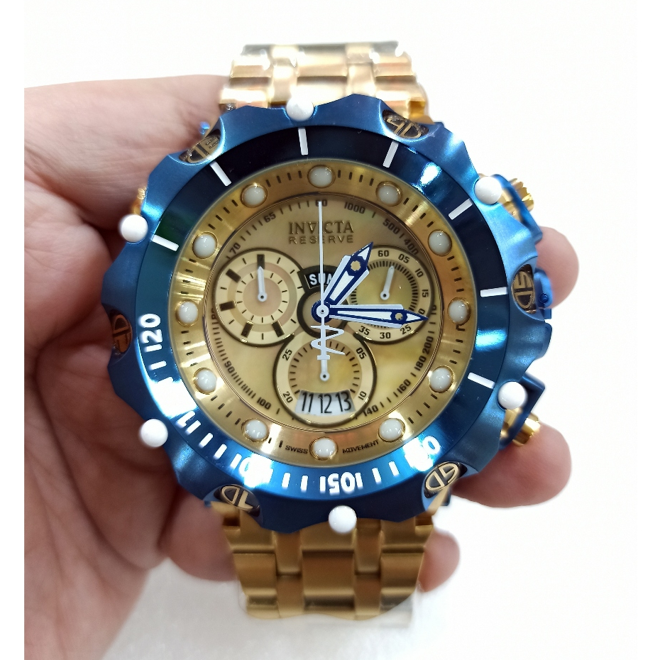 Jam Tangan Pria Big Size INVICTA Reserve Venom Blue Label 35654 Chronograph Gold Steel
