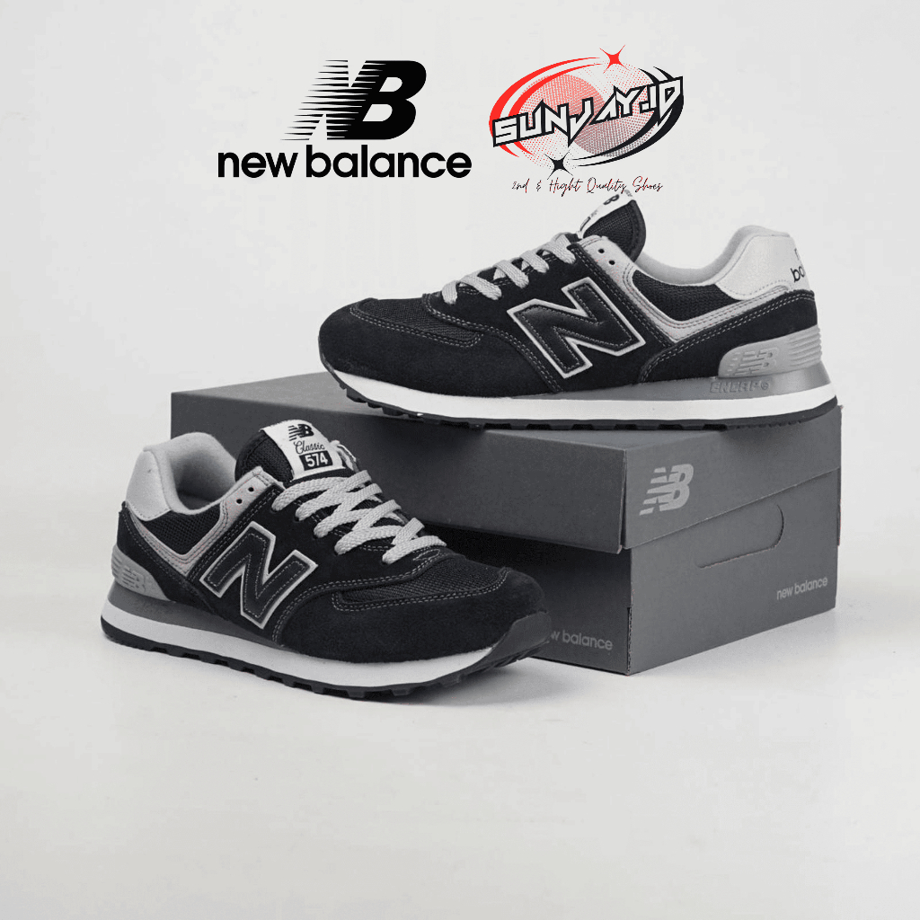 Sepatu Sneakers NB 574 Black White Casual Unisex Pria Wanita