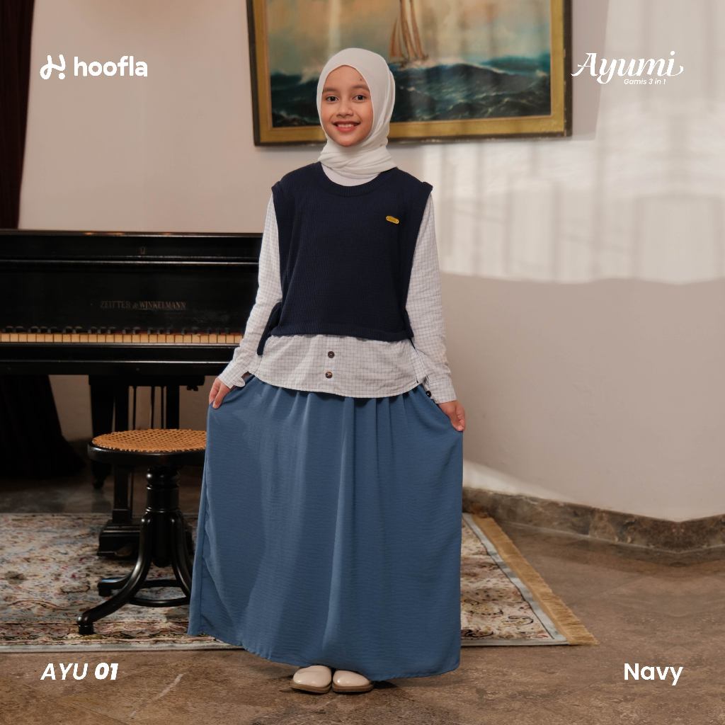 Hoofla Kids Ayumi Gamis Anak Perempuan Terbaru 3in1 Usia 3-12 Tahun Bahan Crinkle Premium Warna Navy