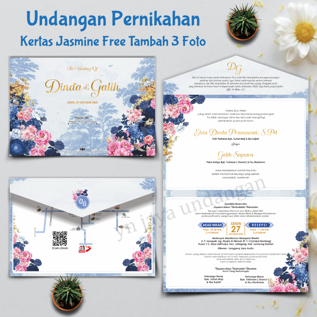 UNDANGAN PERNIKAHAN BUNGA BIRU PINK TERBARU DESAIN SIMPEL MINIMALIS MURAH