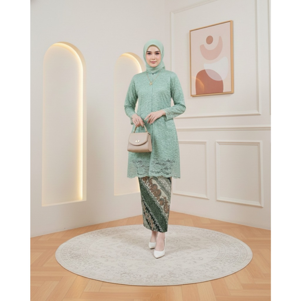 Atasan Kebaya Brokat Tunik Krah Sanghai Seleting Depan Kebaya Wisuda Remaja Pesta Elegan Mewah