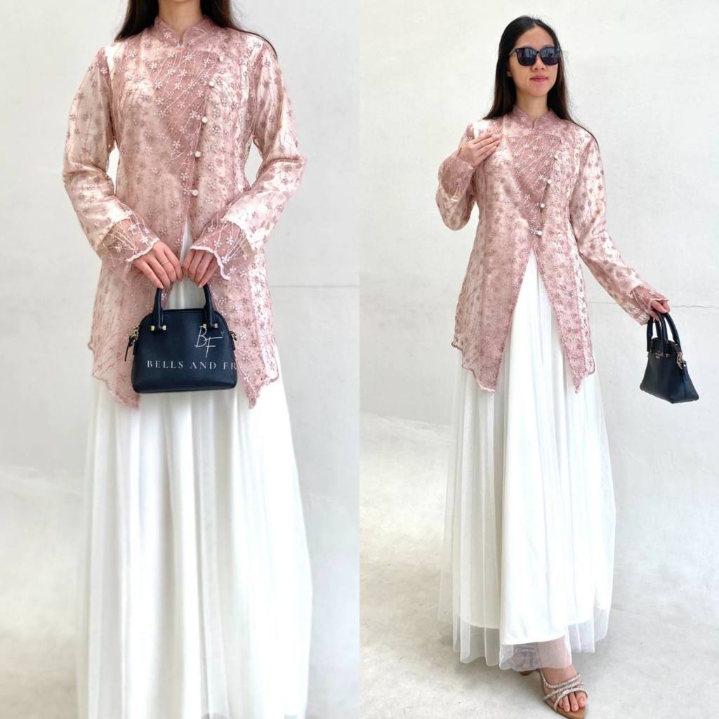 KIARA Setelan 2IN1 Outer Dress Kebaya Cheongsam Brokat Floral | Atasan Set Wanita Kerah Shanghai Ele