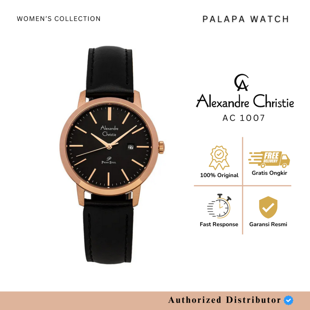 JAM TANGAN WANITA ALEXANDRE CHRISTIE AC 1007 / AC1007 ROSEGOLD BLACK LEATHER BLACK ORIGINAL