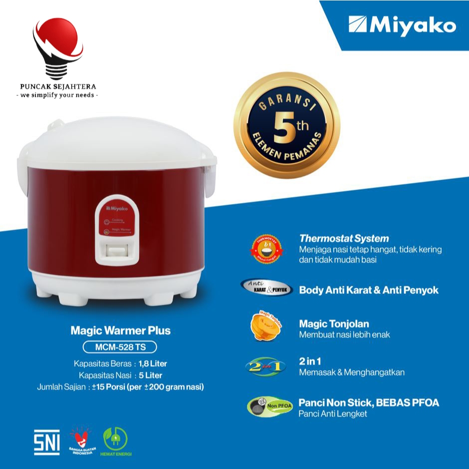 Rice Cooker / Magic Com Miyako MCM-528 TS Merah 1,8 liter Garansi