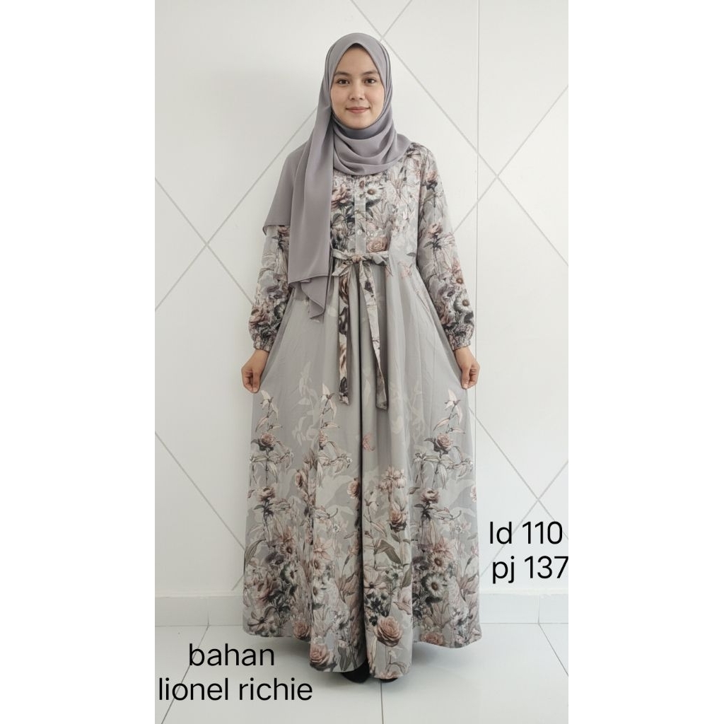 gamis motif abu bunga wanita kekinian lebaran