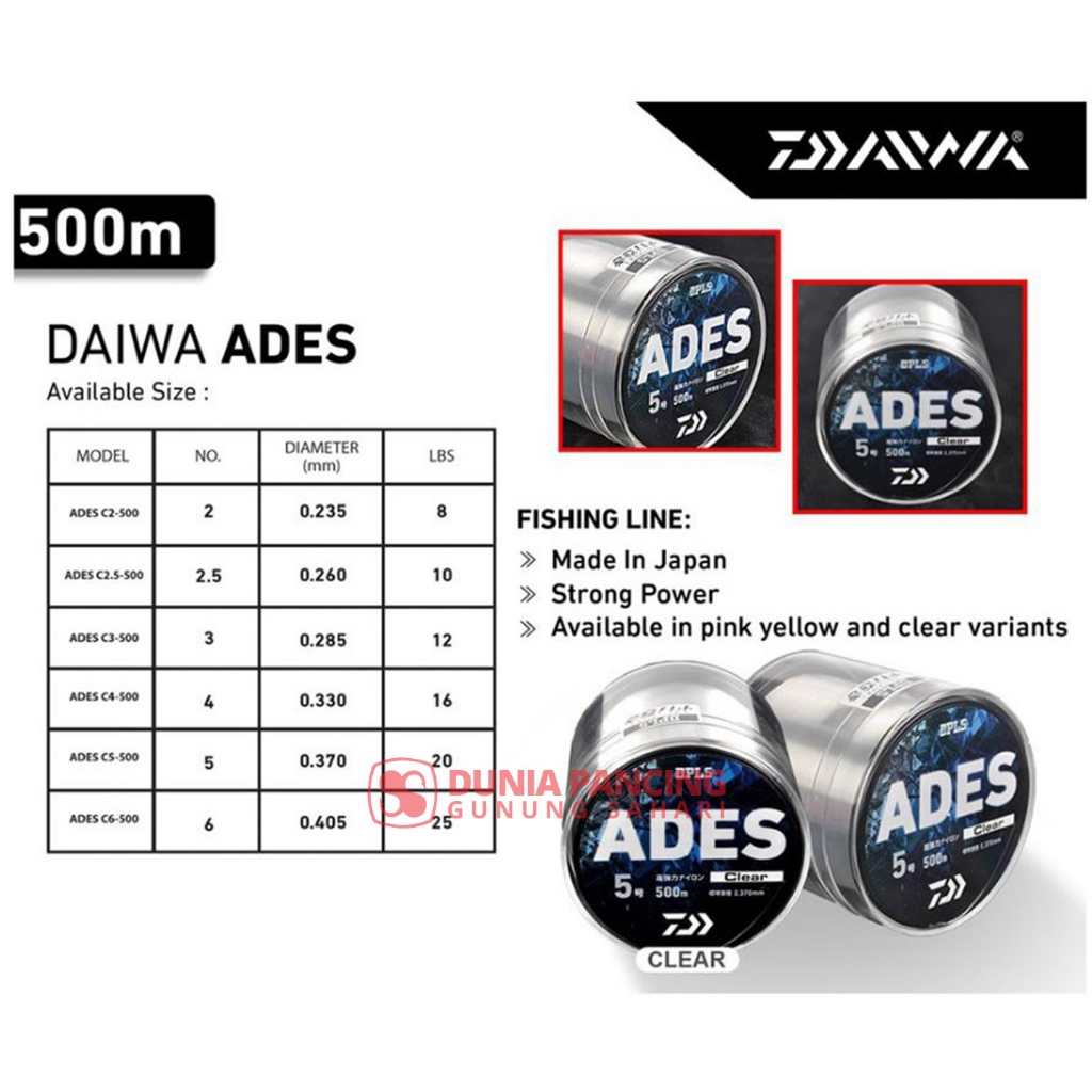 SENAR NYLON DAIWA ADES 500M | YELLOW | CLEAR | PINK | SENAR NYLON | SENAR ROLL 500M | VARIAN UKURAN