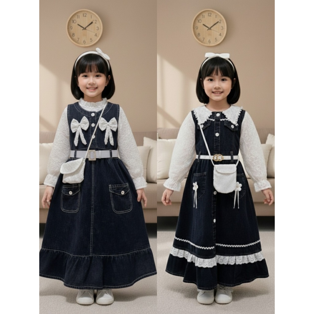 Gamis Jeans Lebaran Anak Perempuan Usia 2-11 Tahun ( Free Tas & Belt ) - Gamis Syari Levis Mix Bruka