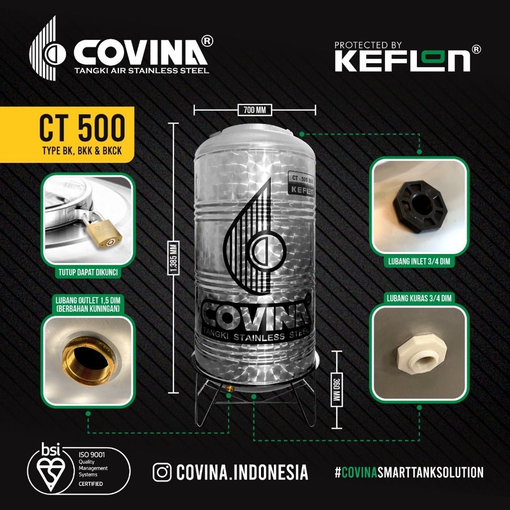 Tandon Air COVINA STAINLESS STEEL CT 500 BK BKK BKCK Toren Air Tangki Air