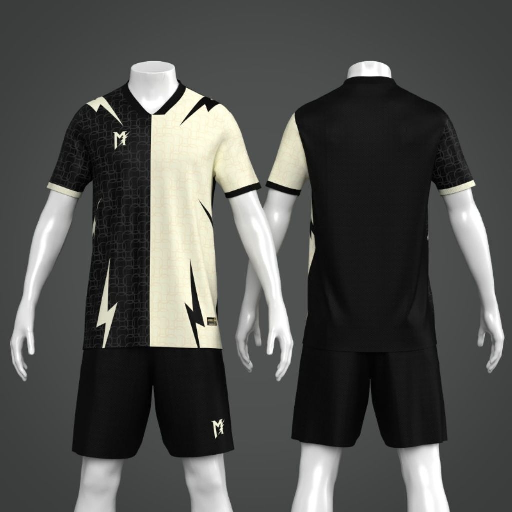 MUZAKAR Baju futsal setelan stelan Jersey premium hitam cream motif petir