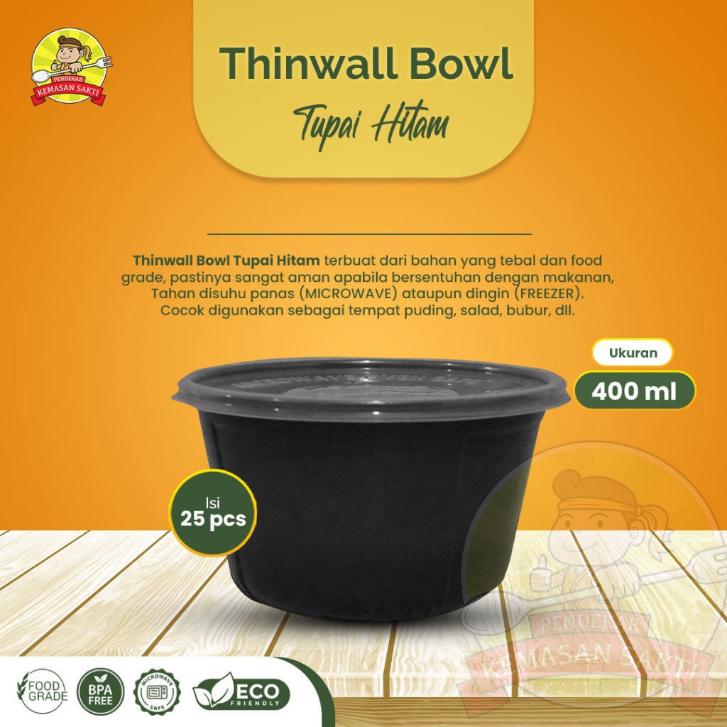 Thinwall Tupai Hitam Bowl 400 ml Mangkok Plastik Hitam Isi 25 pcs Terlaris