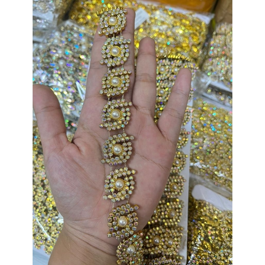 PER ROLL Aplikasi Aksesoris Payet Diamond Rangkai Jahit Model Mutiara Mata
