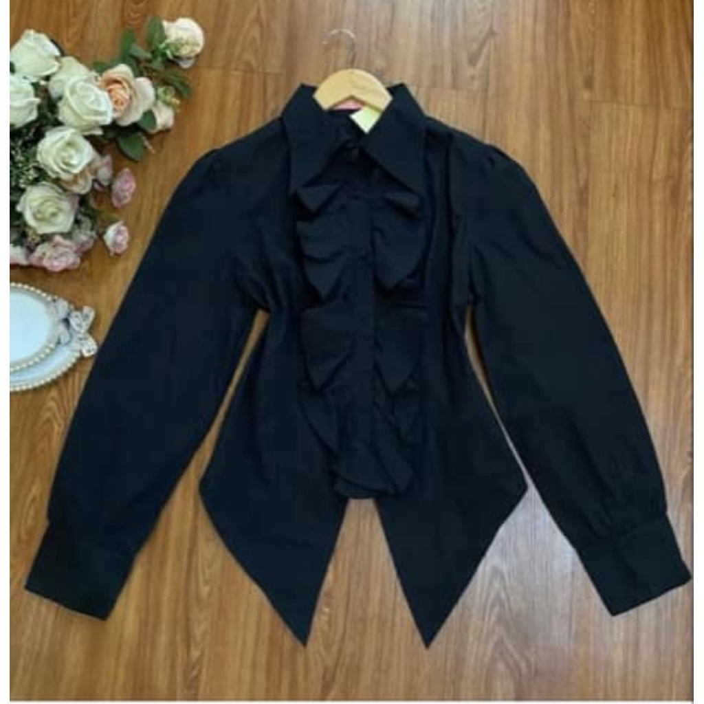 Ouji Lolita Top Atasan Blouse Kawaii Harajuku Bodyline Black Hitam Gothic Ruffle
