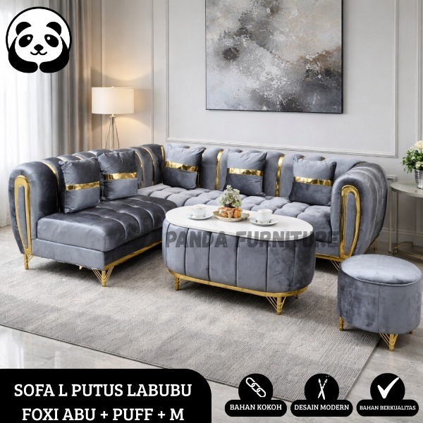 PROMO SOFA LABUBU FOXY L PUTUS PREMIUM KAIN BLUDRU + MEJA + 1 STOOL DUDUKAN + BANTALAN NYA KAIN BELU