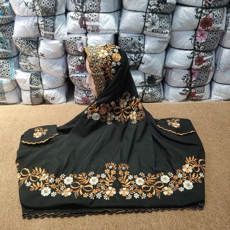 Mukena Terusan Putih Sutra look Lajuran | Kain Katun Polino Mikro Dingin & Anti Gerah | Bordir Bunga