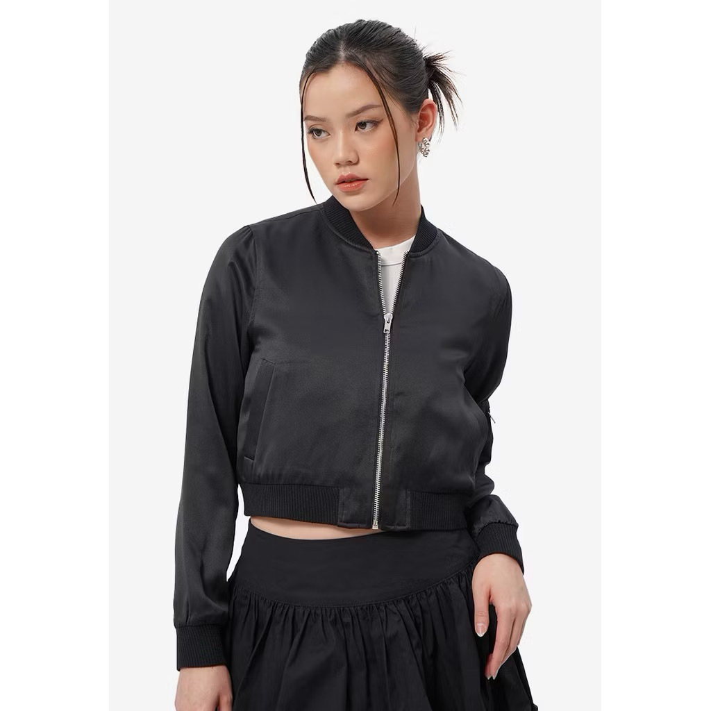 Colorbox Cropped Satin Bomber Jacket Lt. Black